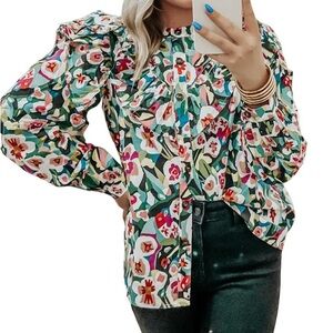 Crepe Myrtle Colorful Floral Ruffled Yoke & Shoulders Front Button M Blouse